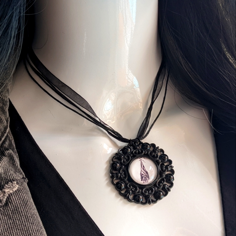 Vintage Pendant Setting Black Ribbon Bat Necklace